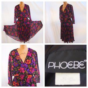 vtg 80s PHOEBE Sheer Floral Pleated Elastic Waist Belted Dress Secretary USA 10